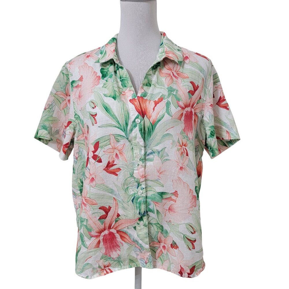 Tommy Bahama Size S White with Pink and Green Floral Pattern 100% Linen Shirt